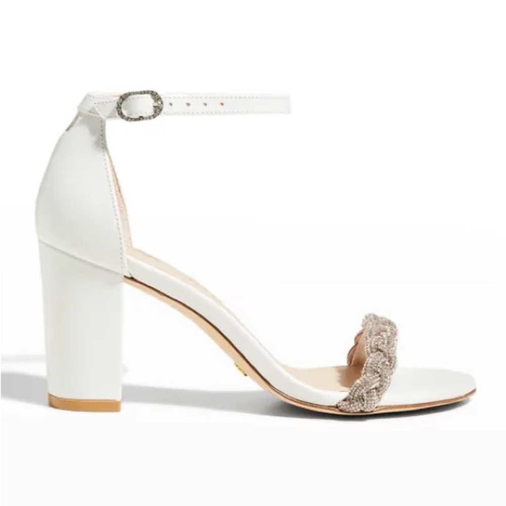 Stuart Weitzman White Block Heels with Sparkly Toe Strap, US Size 8